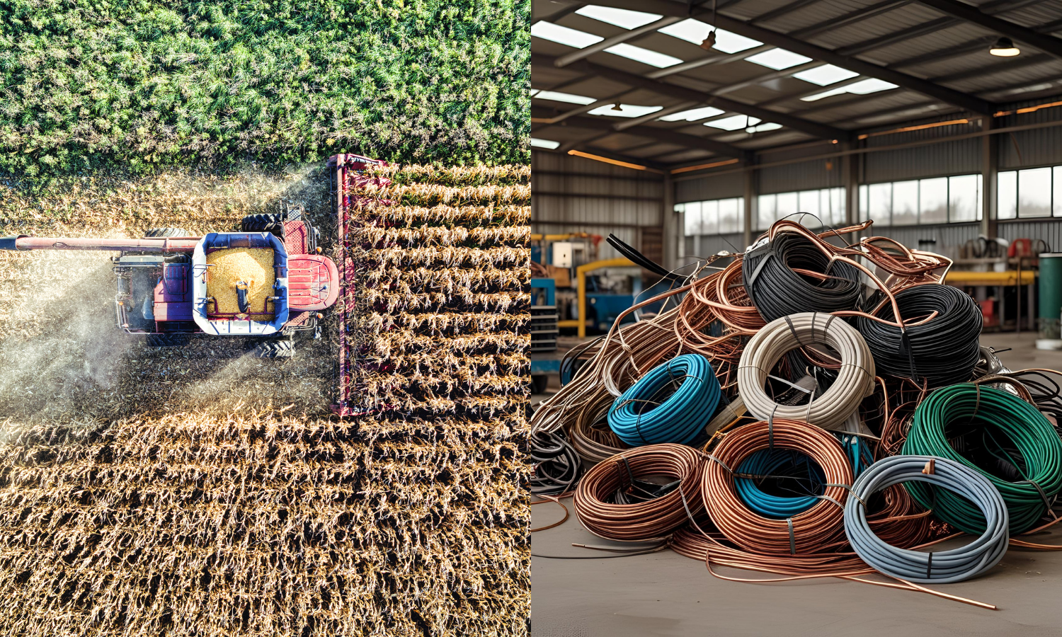 Agribusiness tractor on grass field and mixed cable waste